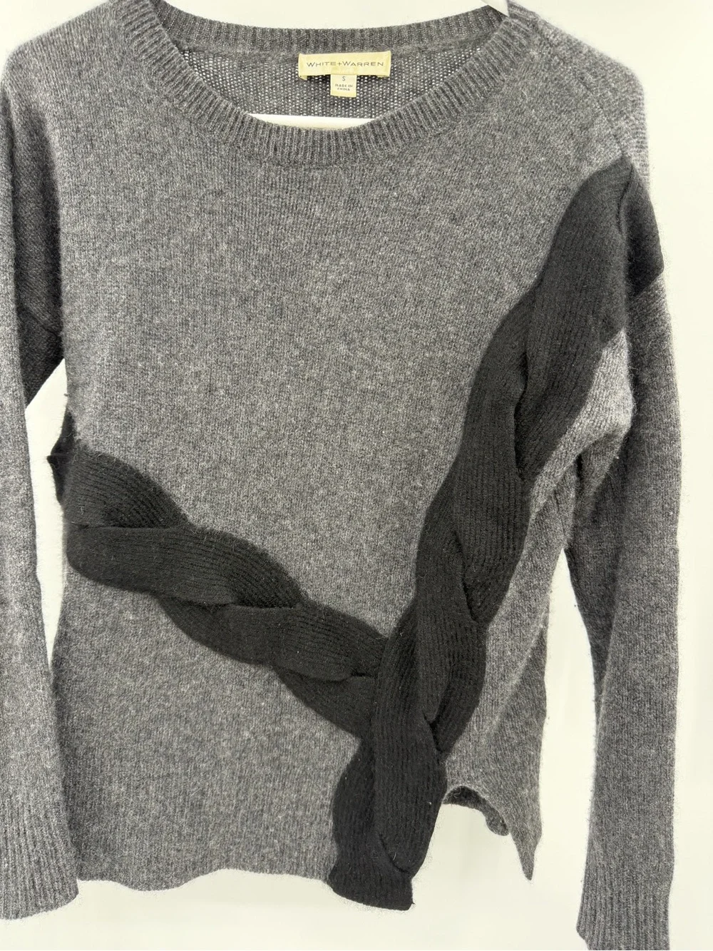 White + Warren 100% Cashmere Gray Black Braided Detail Sweater Size Small